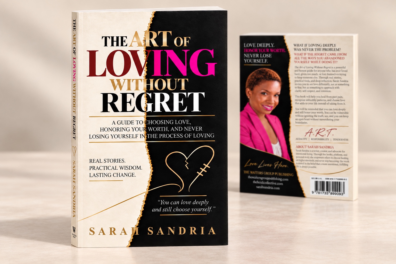 Paperback mockup of The Art of Loving Without Regret by Sarah Sandria, showing the front and back covers